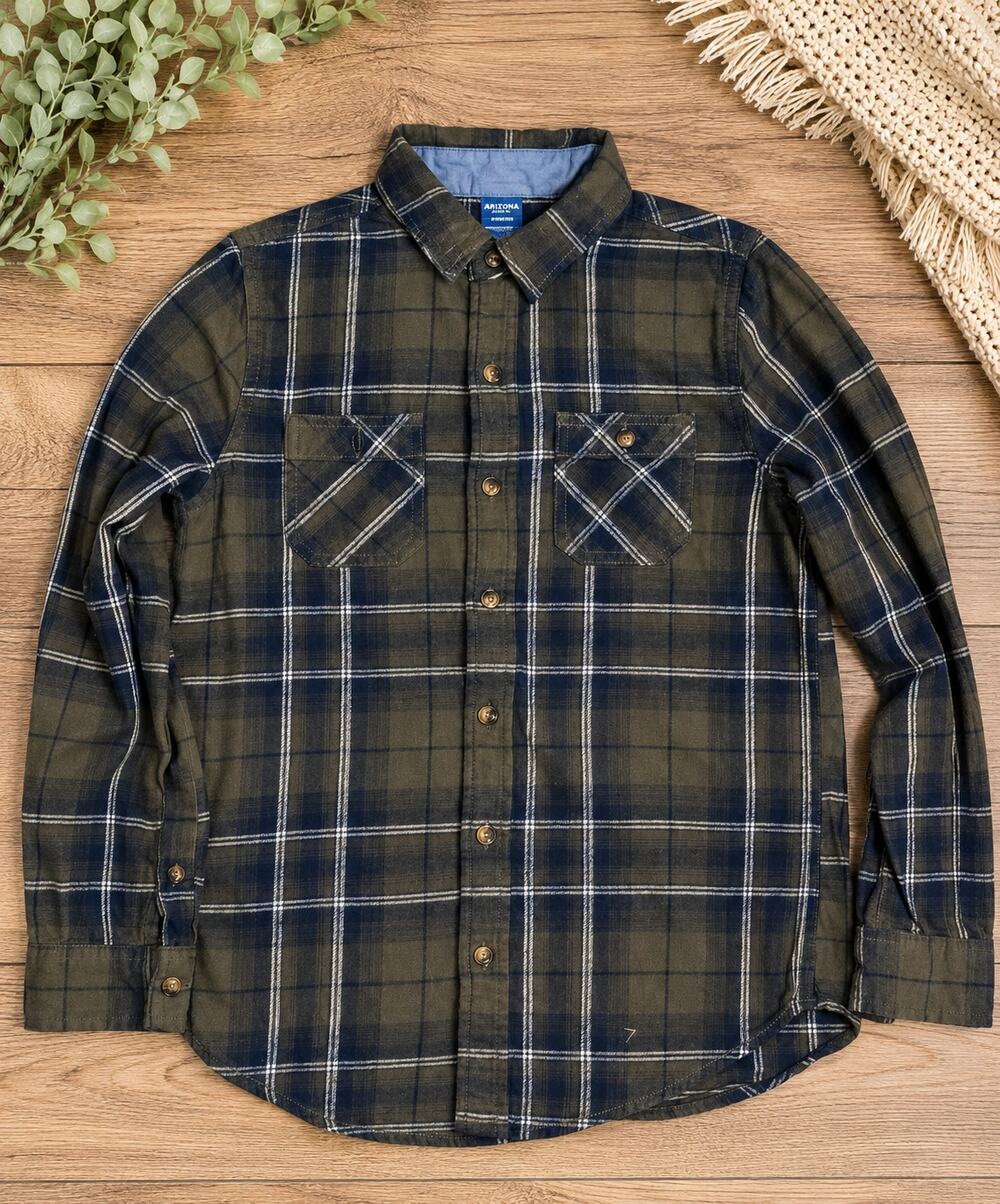 Arizona Boys Medium Plaid Flannel Button-Up Shirt Green & Navy Long Sleeve 10/12